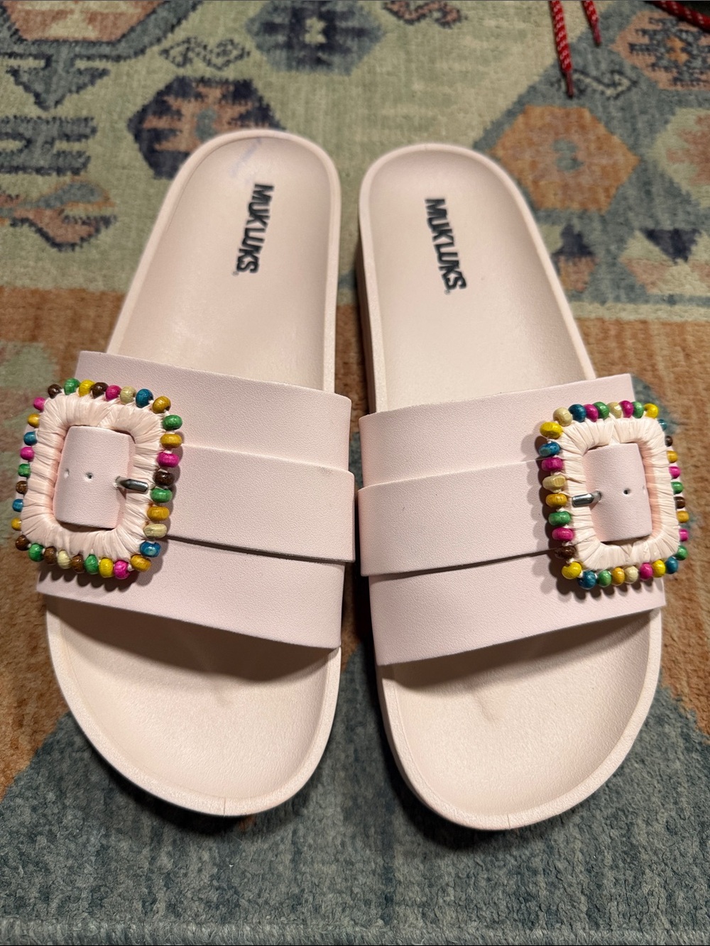 Muk Luks Light Pink Slide Sandals with Colorful Beaded Buckles